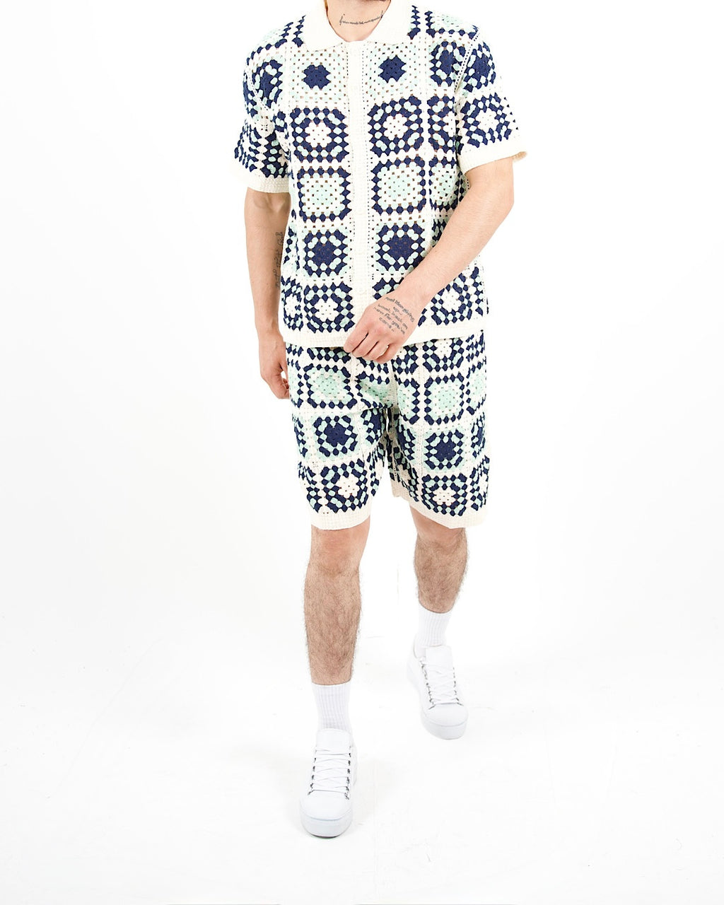 Square Crochet Knit Blue Polo And Short Set
