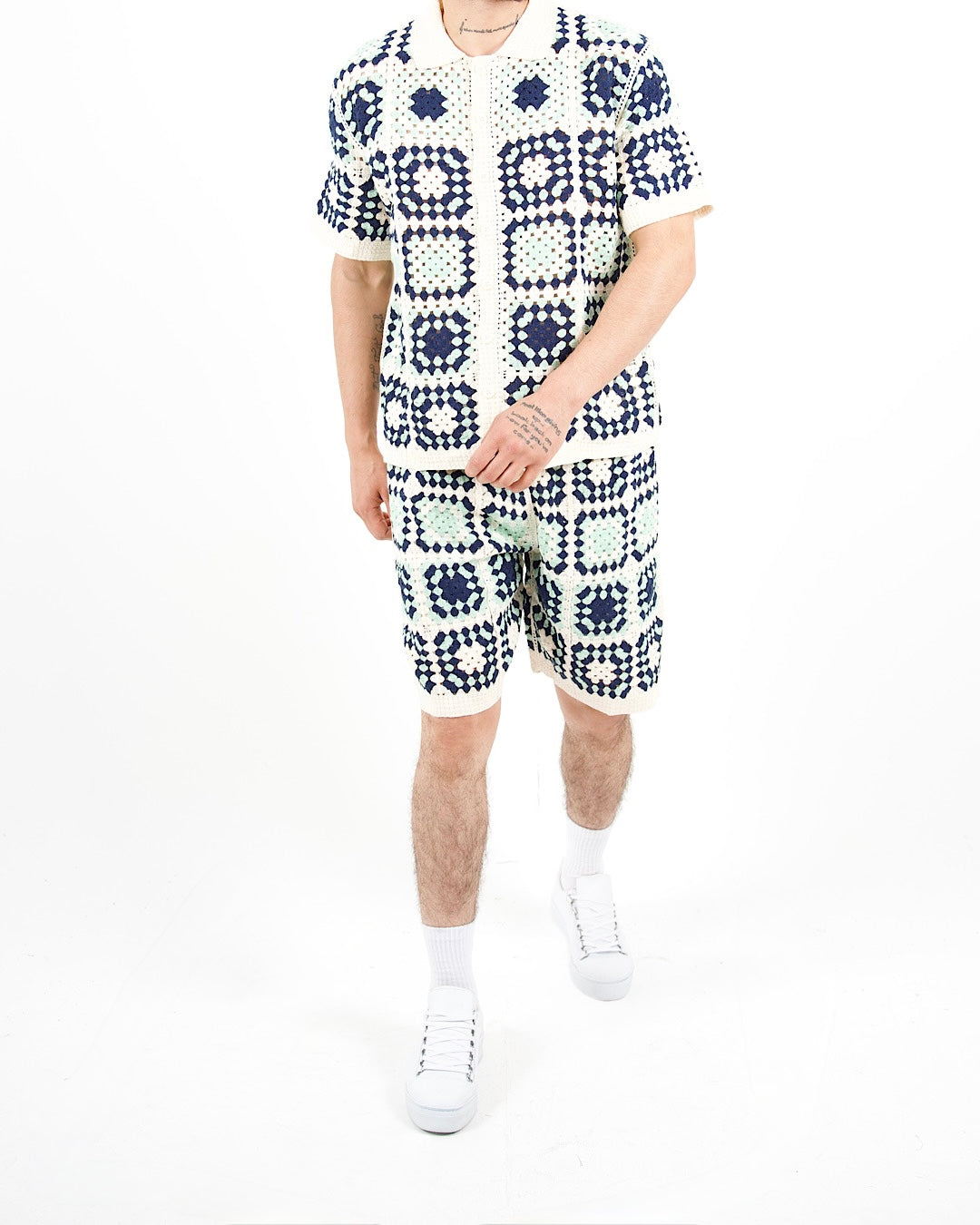 Square Crochet Knit Blue Polo And Short Set