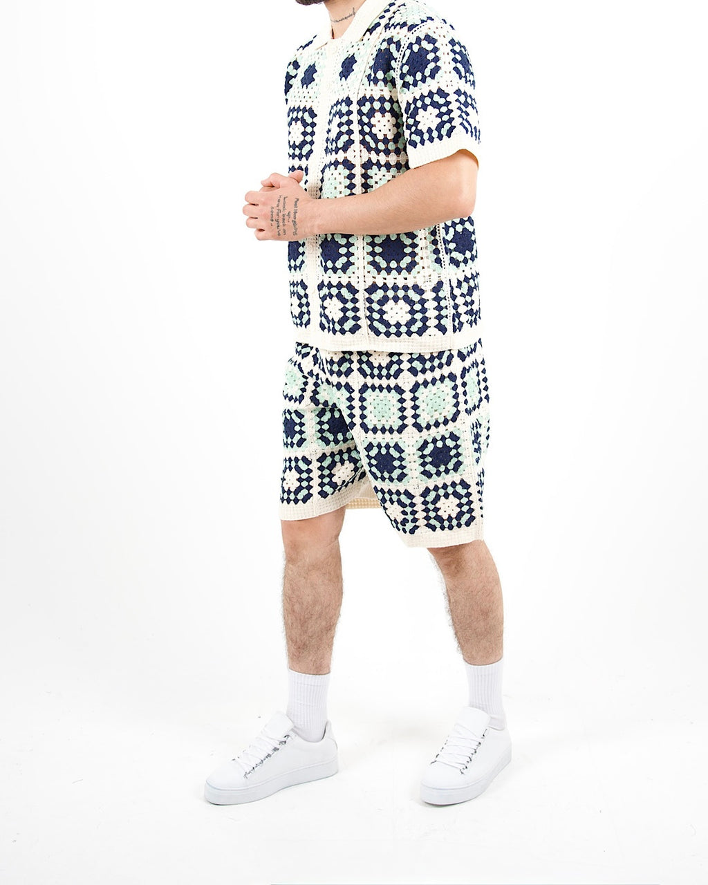 Square Crochet Knit Blue Polo And Short Set