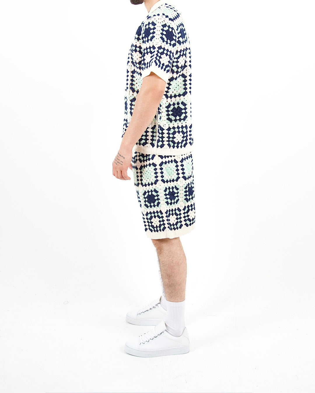 Square Crochet Knit Blue Polo And Short Set