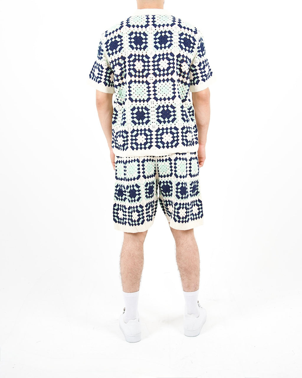 Square Crochet Knit Blue Polo And Short Set