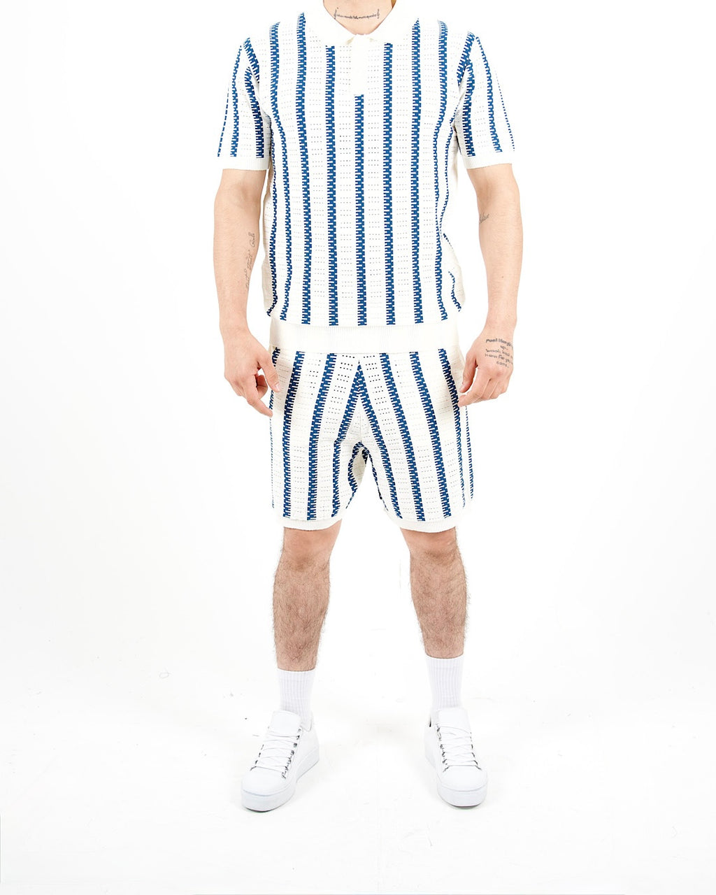 Crochet Knitted Blue Stripe Polo & Shorts Set