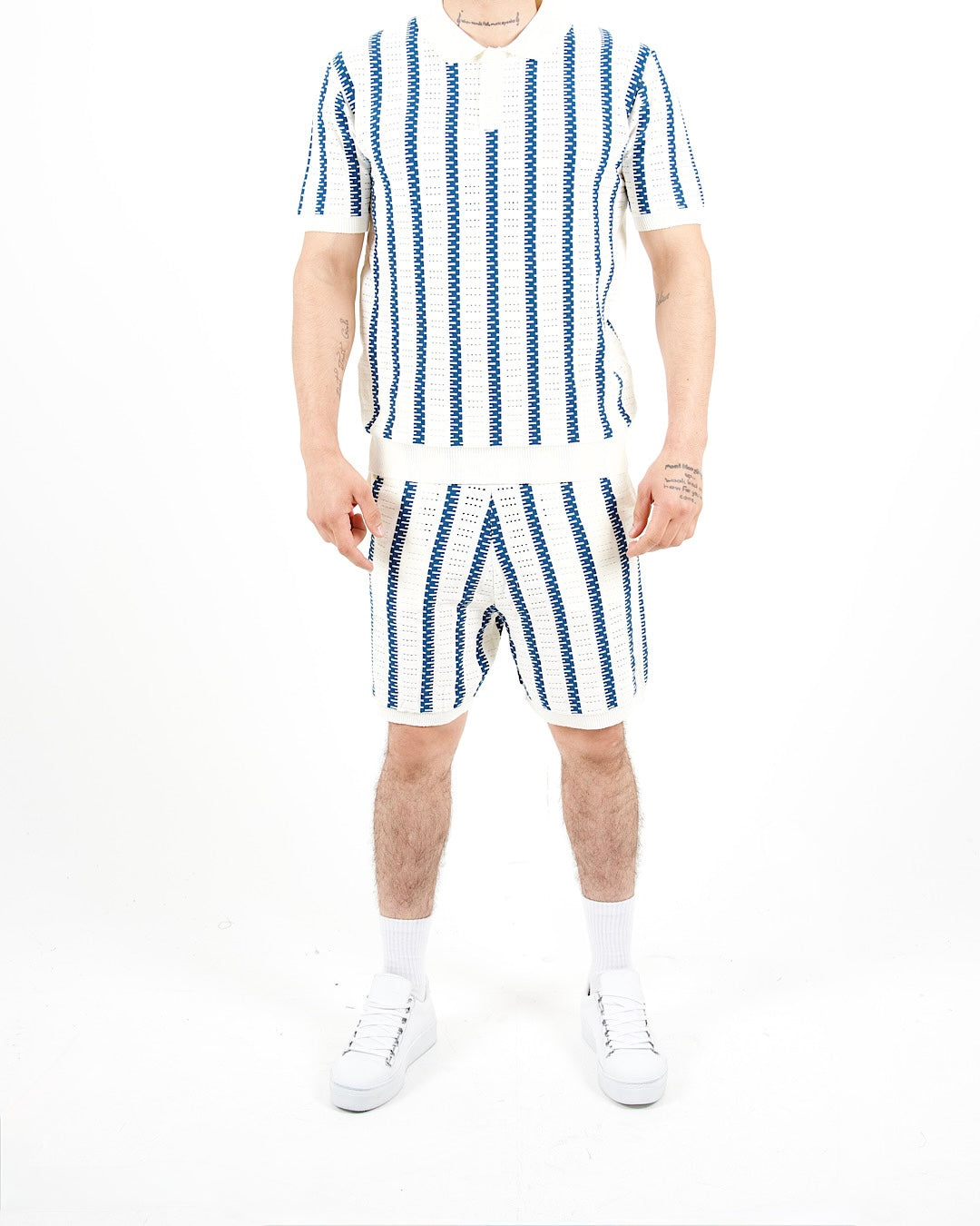 Crochet Knitted Blue Stripe Polo & Shorts Set