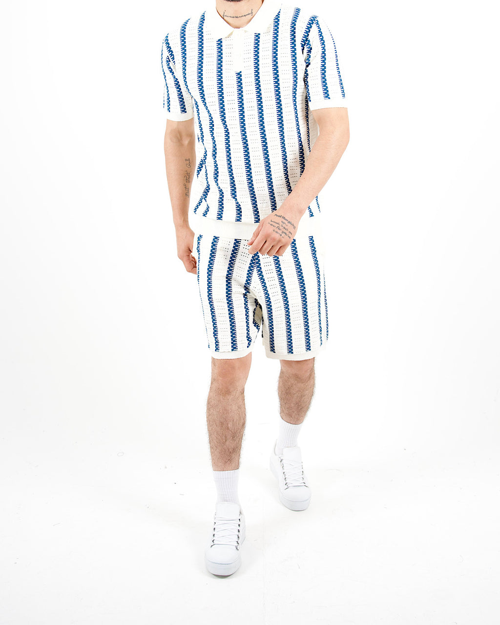 Crochet Knitted Blue Stripe Polo & Shorts Set