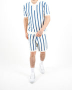 Crochet Knitted Blue Stripe Polo & Shorts Set