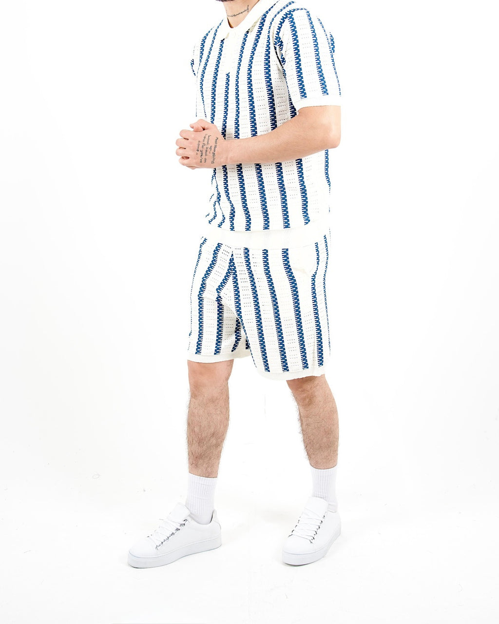 Crochet Knitted Blue Stripe Polo & Shorts Set