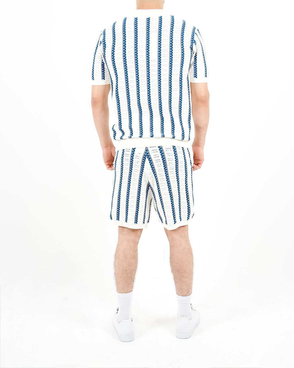 Crochet Knitted Blue Stripe Polo & Shorts Set