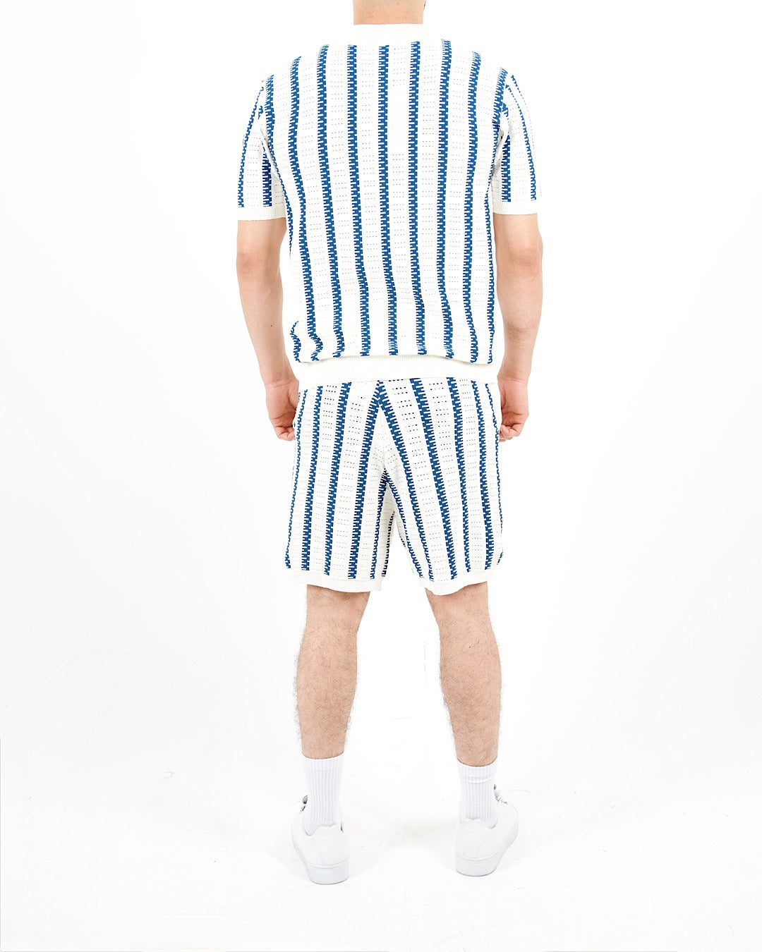 Crochet Knitted Blue Stripe Polo & Shorts Set