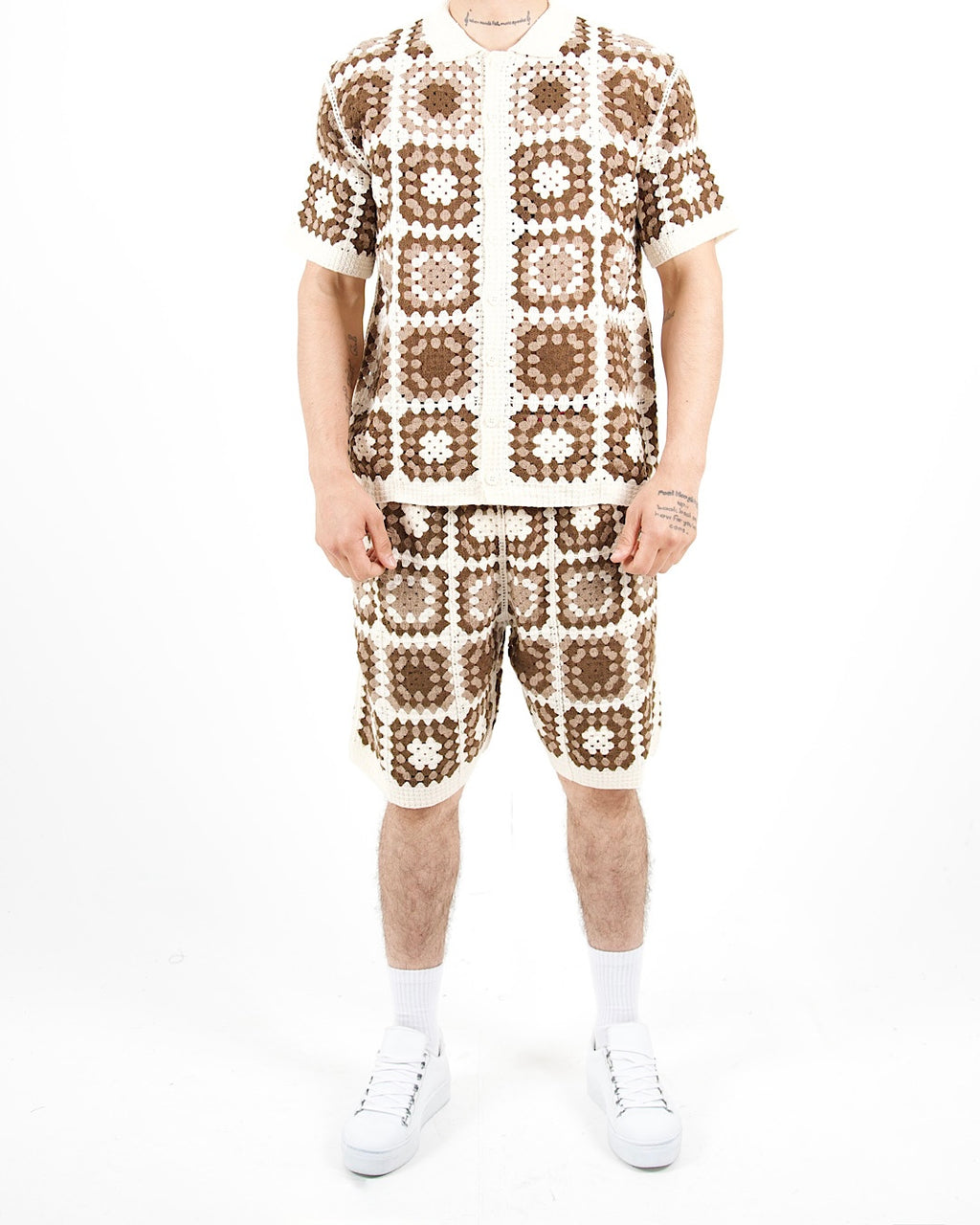Square Crochet Knit Brown Polo And Short Set