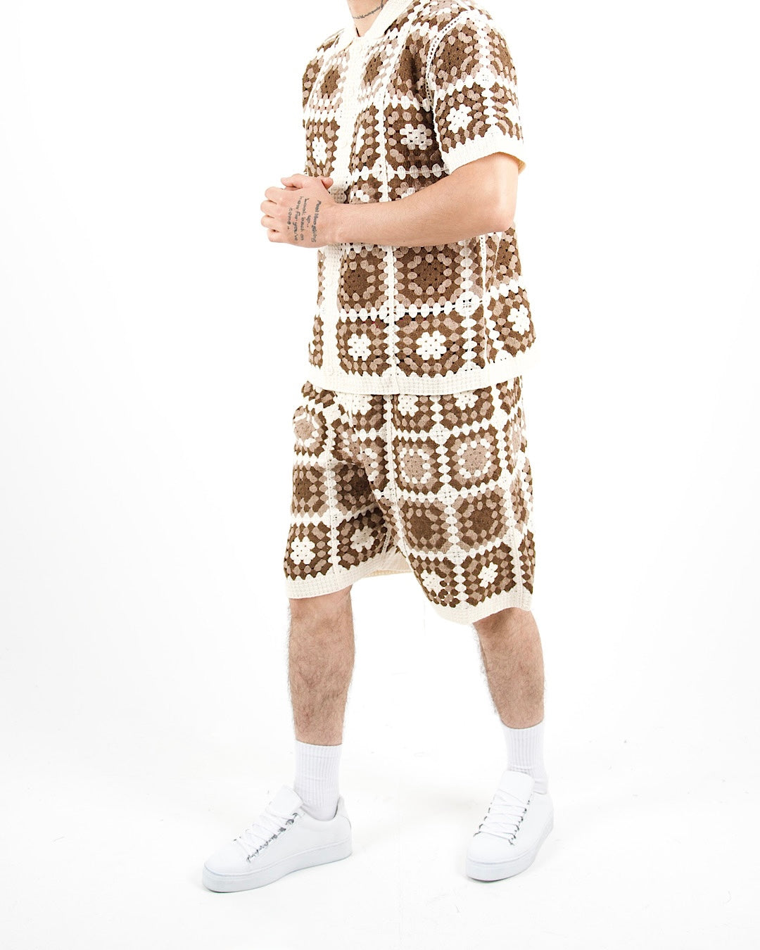 Square Crochet Knit Brown Polo And Short Set