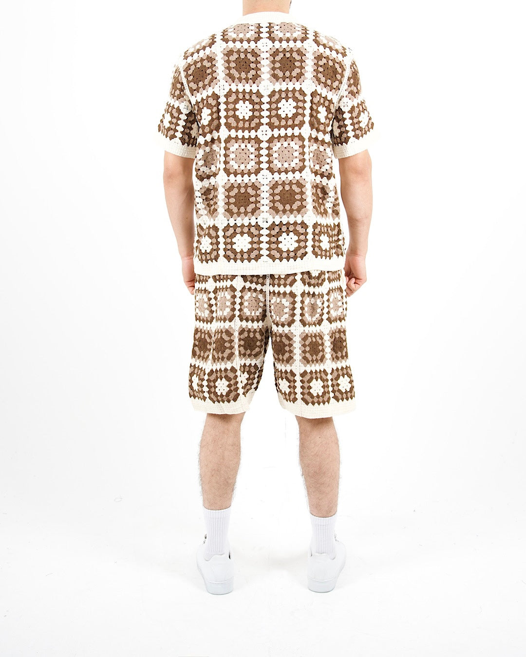 Square Crochet Knit Brown Polo And Short Set