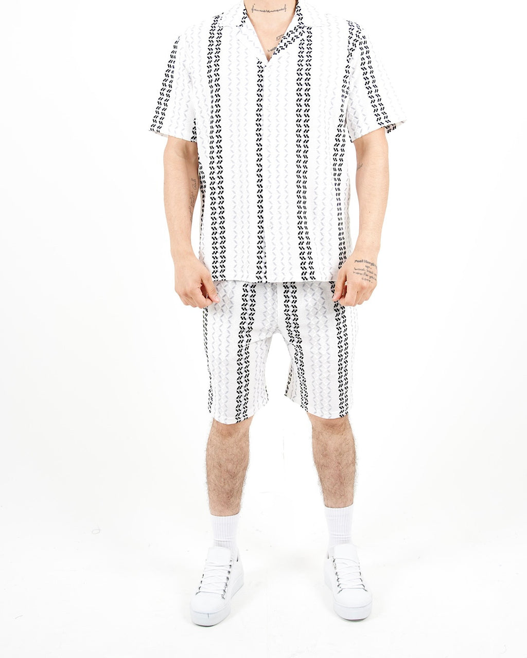 Crochet Grey Stripe Shirt And Short Set