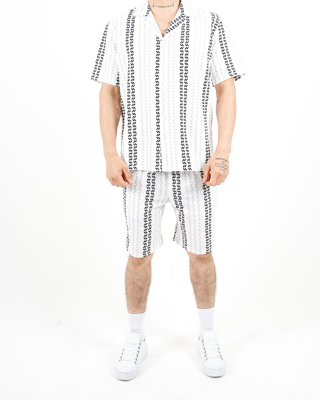 Crochet Grey Stripe Shirt And Short Set