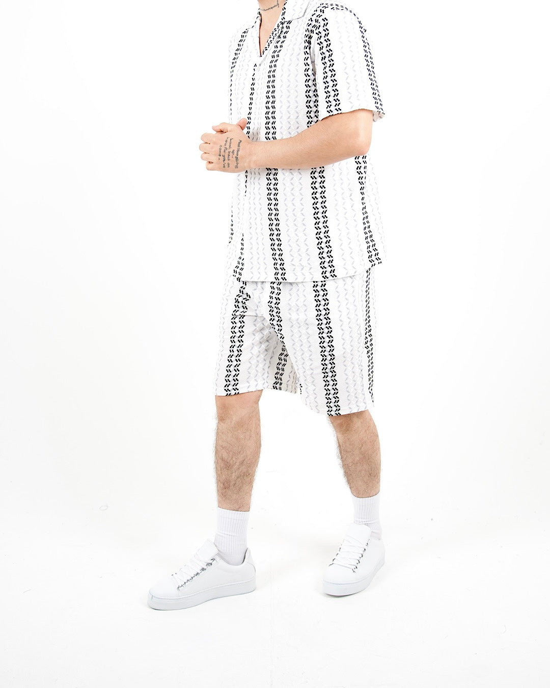 Crochet Grey Stripe Shirt And Short Set