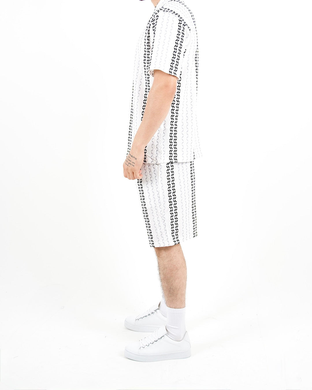 Crochet Grey Stripe Shirt And Short Set