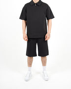 Oversized Zip Neck Black Polo And Shorts Set