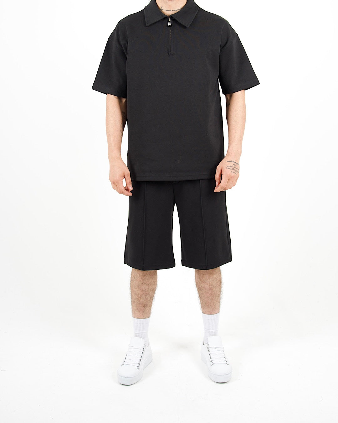 Oversized Zip Neck Black Polo And Shorts Set