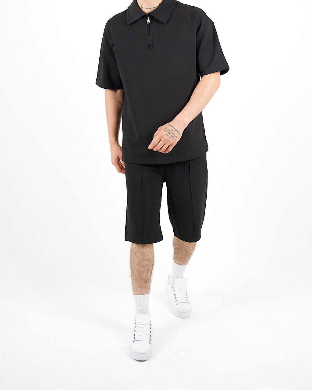 Oversized Zip Neck Black Polo And Shorts Set