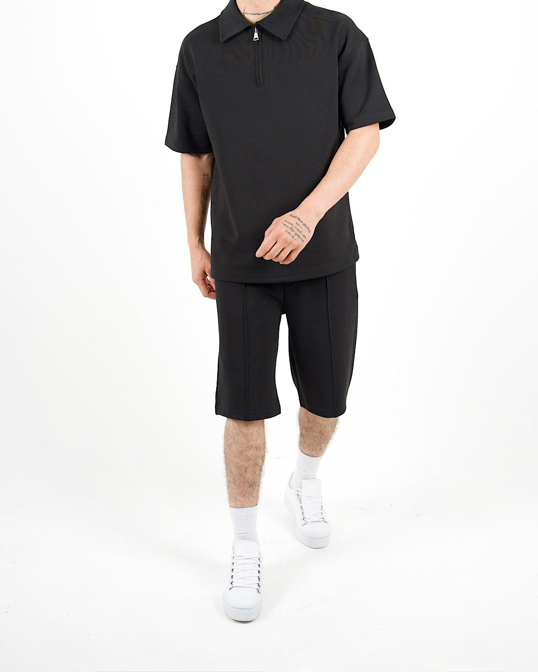 Oversized Zip Neck Black Polo And Shorts Set