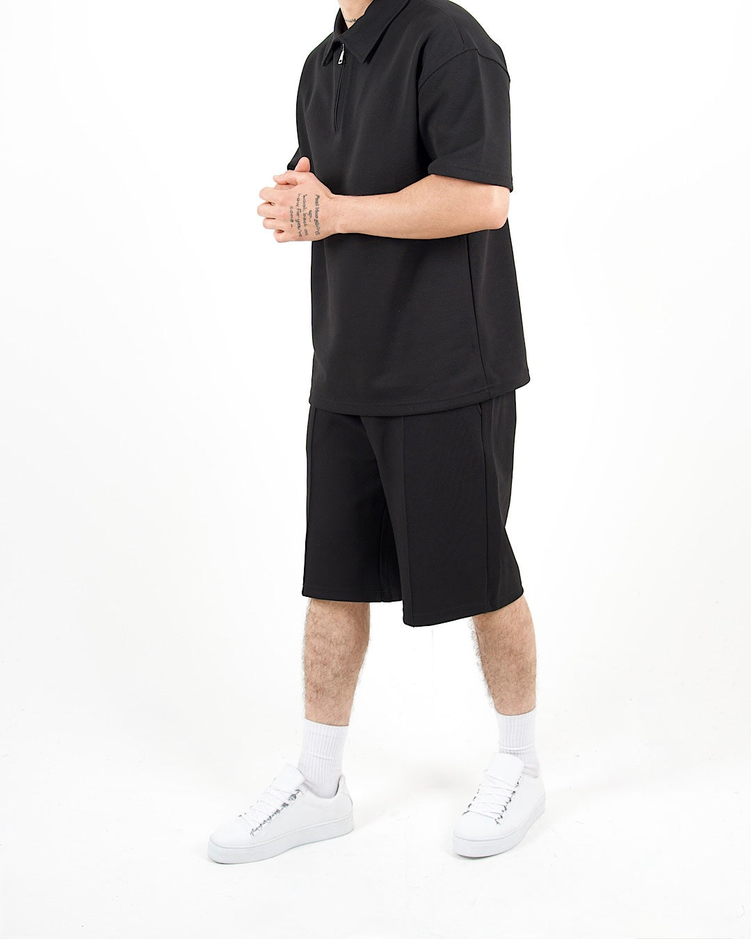 Oversized Zip Neck Black Polo And Shorts Set