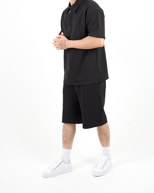Oversized Zip Neck Black Polo And Shorts Set