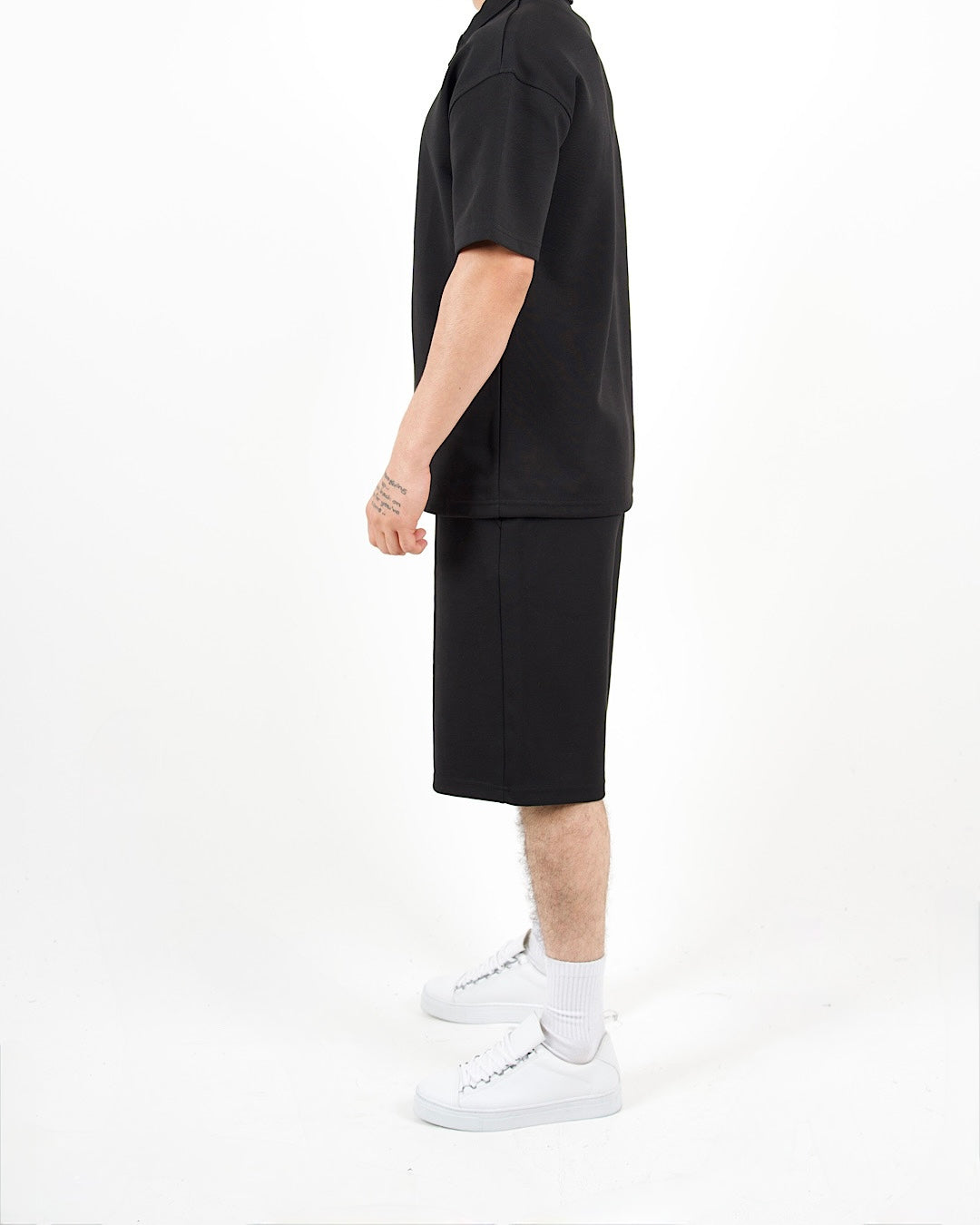 Oversized Zip Neck Black Polo And Shorts Set