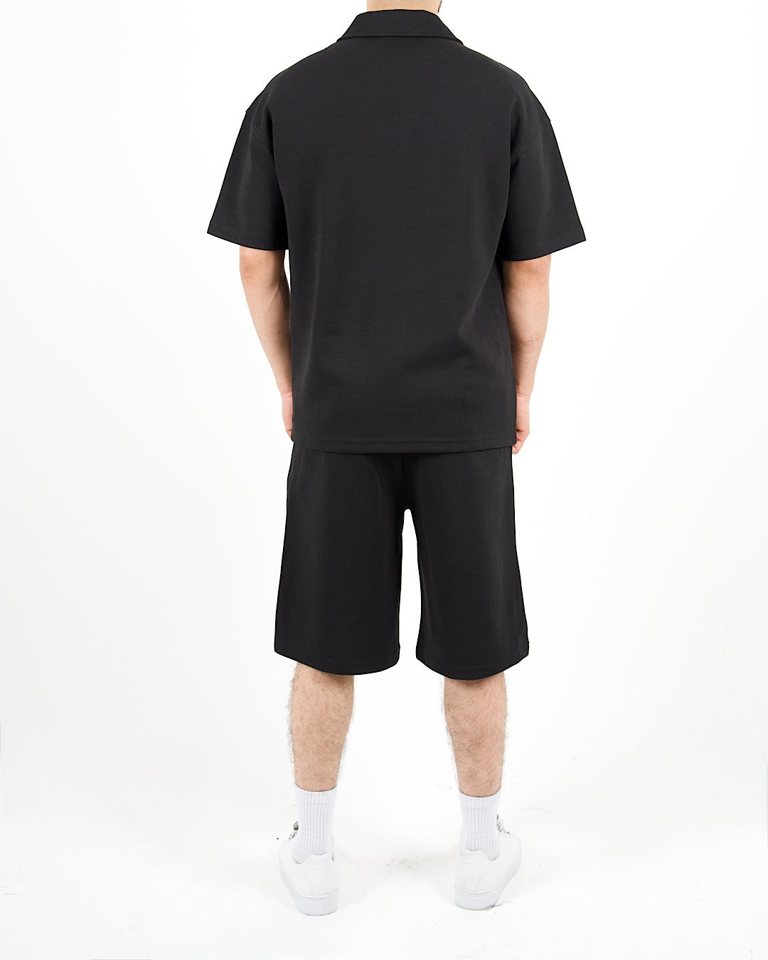 Oversized Zip Neck Black Polo And Shorts Set