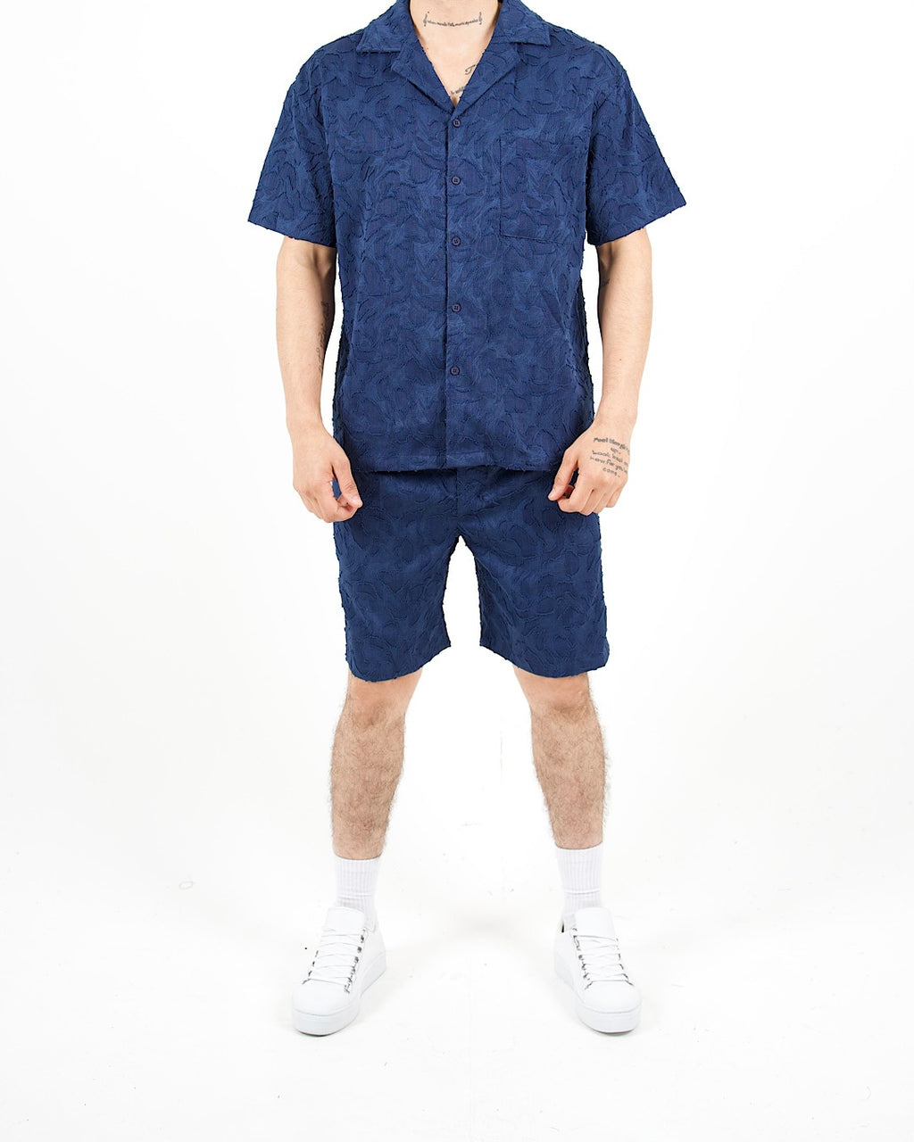 Relaxed Fit Textured Navy Shirt And Short Set