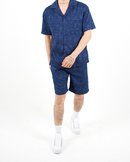 Relaxed Fit Textured Navy Shirt And Short Set