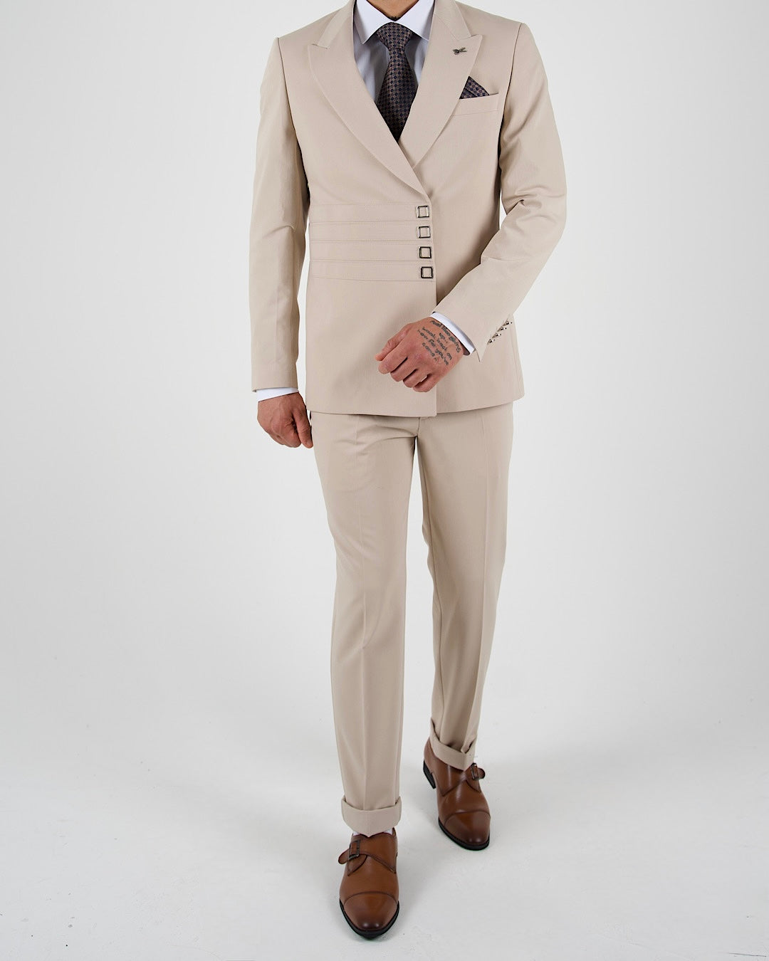 Milano Beige Press Button Double Breasted Suit