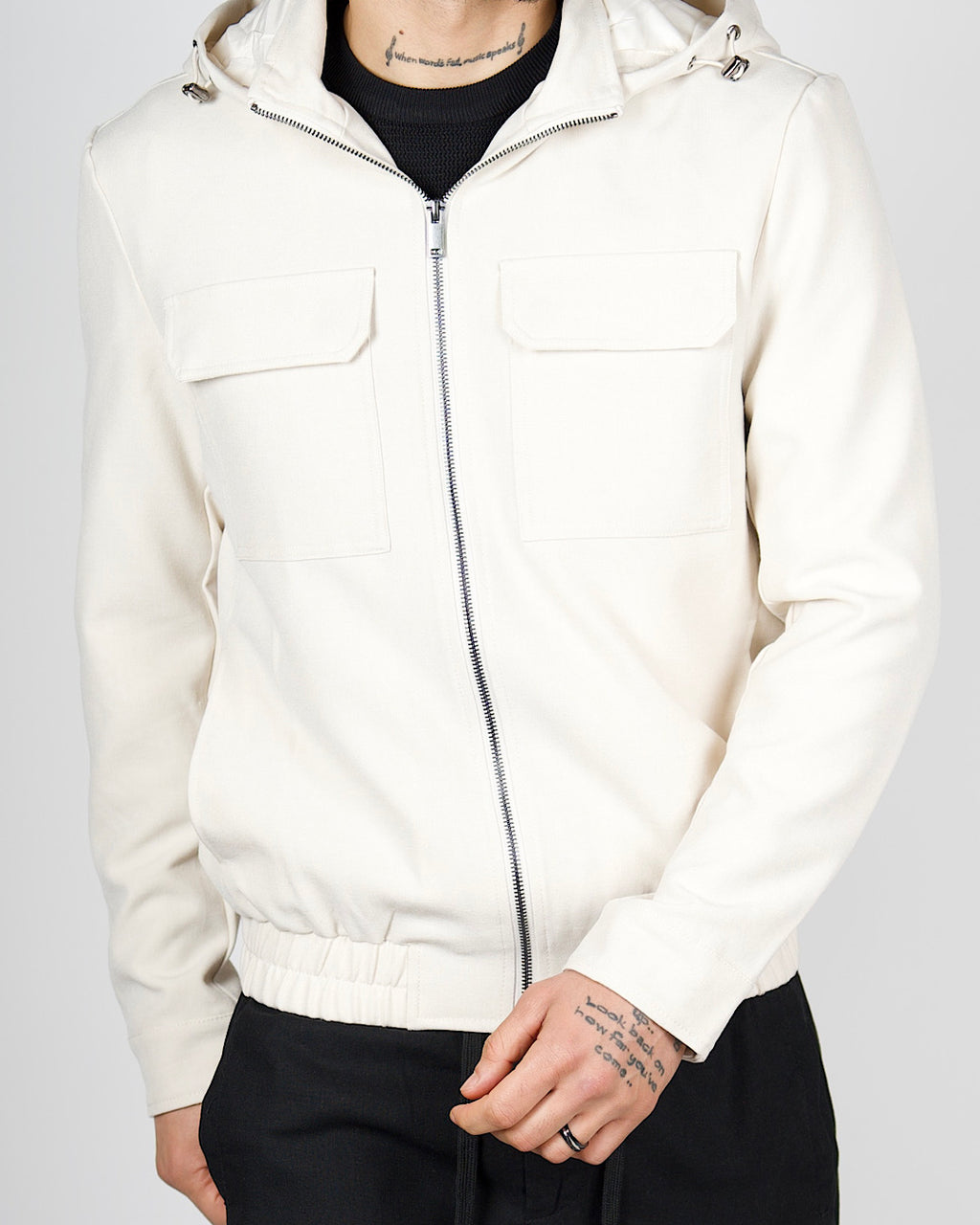 White Zip Utility Jacket with Hood