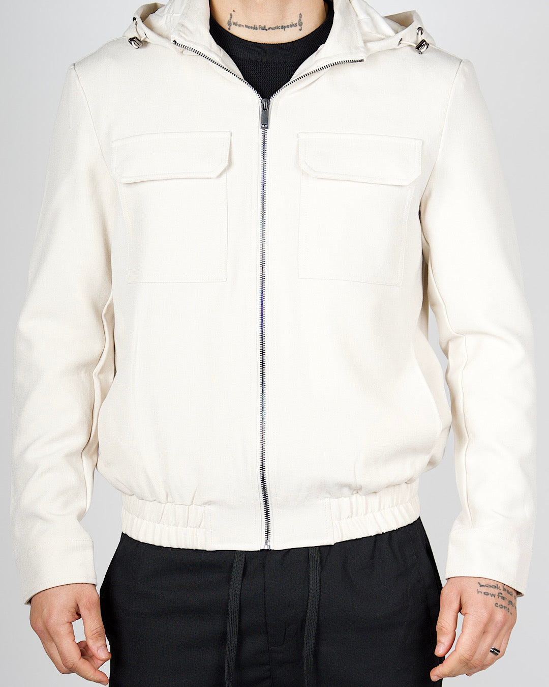 White Zip Utility Jacket with Hood