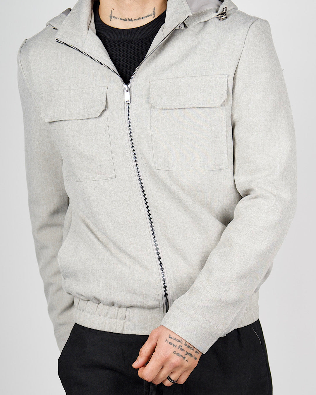 Beige Zip Utility Jacket with Hood