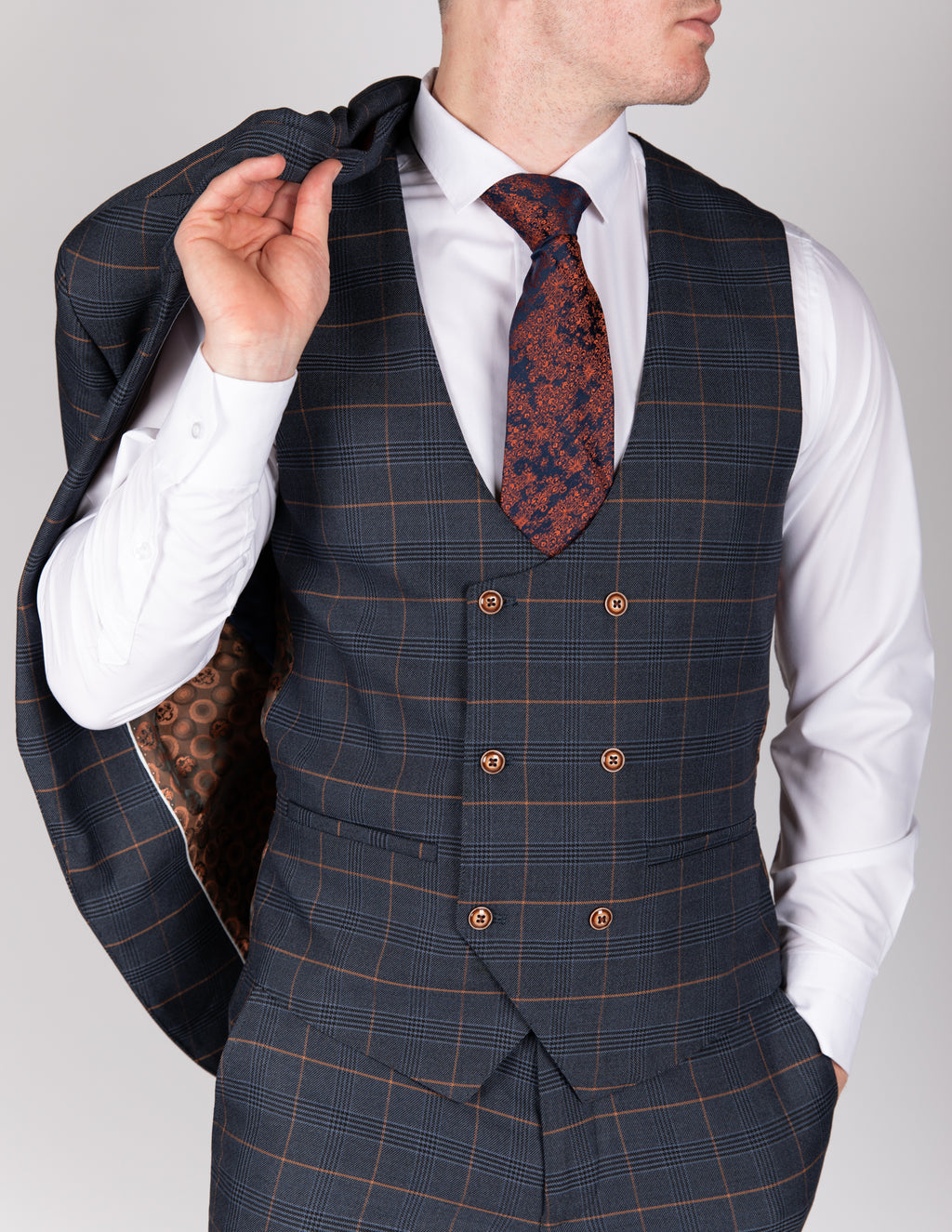 Jenson Marine Navy Check Suit With Double Breasted Waistcoat