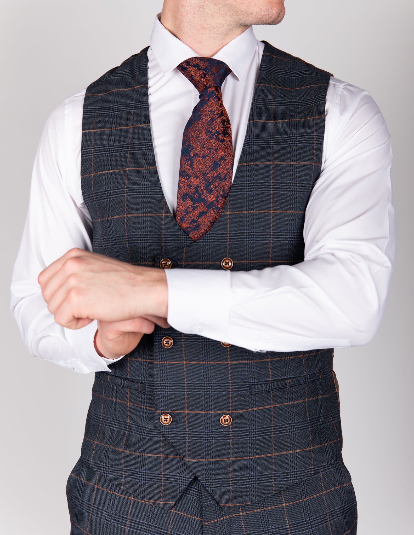 Jenson Marine Navy Check Suit With Double Breasted Waistcoat