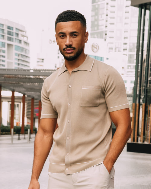Knit Button-Up Shirt with Contrast Piping