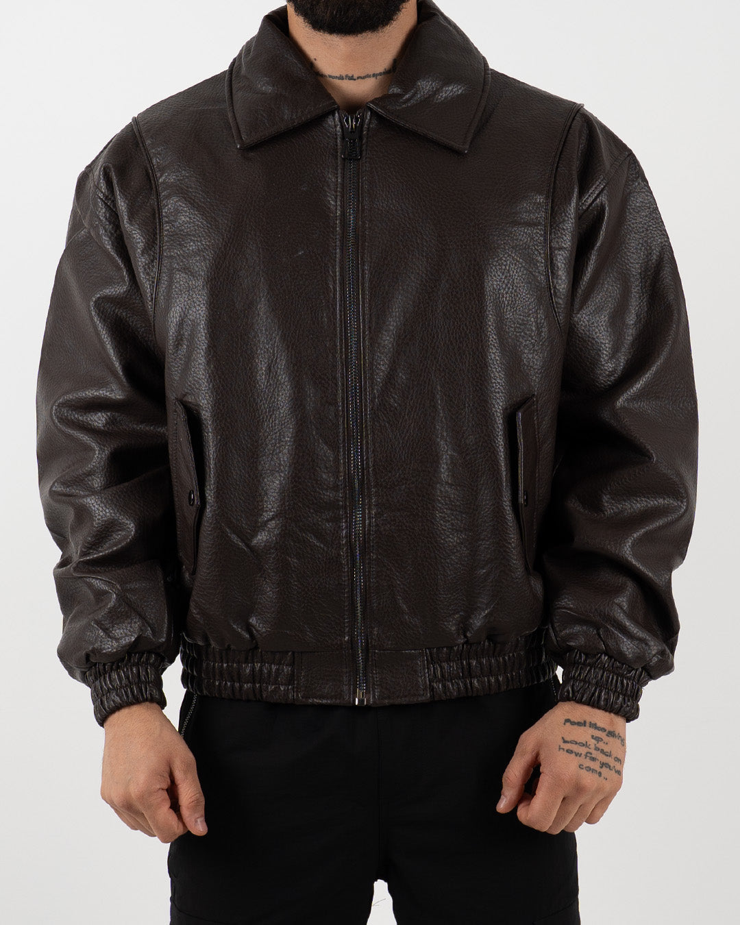 Brown Oversized Leather Bomber Jacket