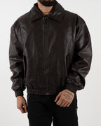 Brown Oversized Leather Bomber Jacket