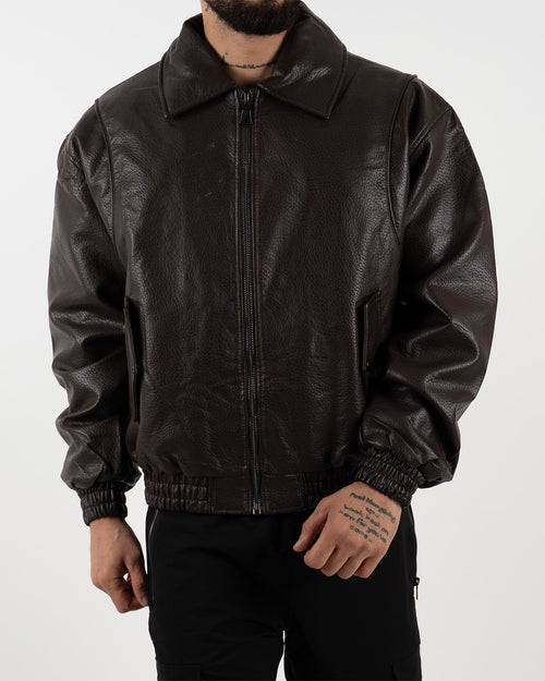 Brown Oversized Leather Bomber Jacket