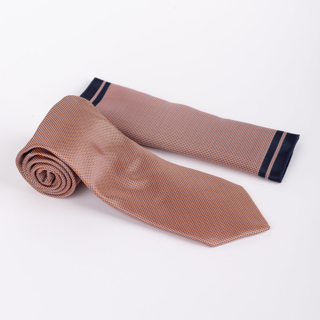 MC Houndstooth - Tie & Pocket Square Set in  Light Orange & Navy