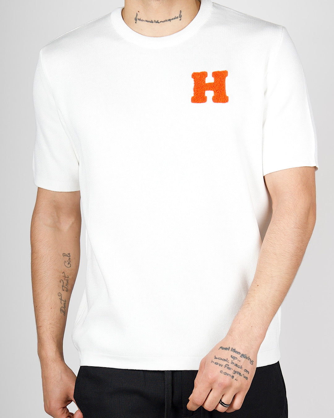 Men's H Emblem Knit T-Shirt | Beige, Black, White | Milano Couture