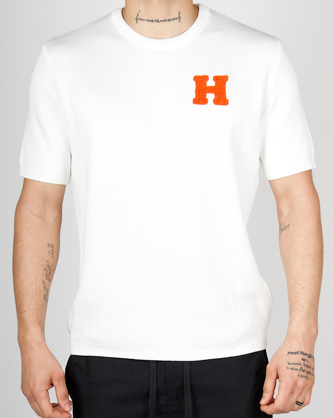 Men's H Emblem Knit T-Shirt | Beige, Black, White | Milano Couture