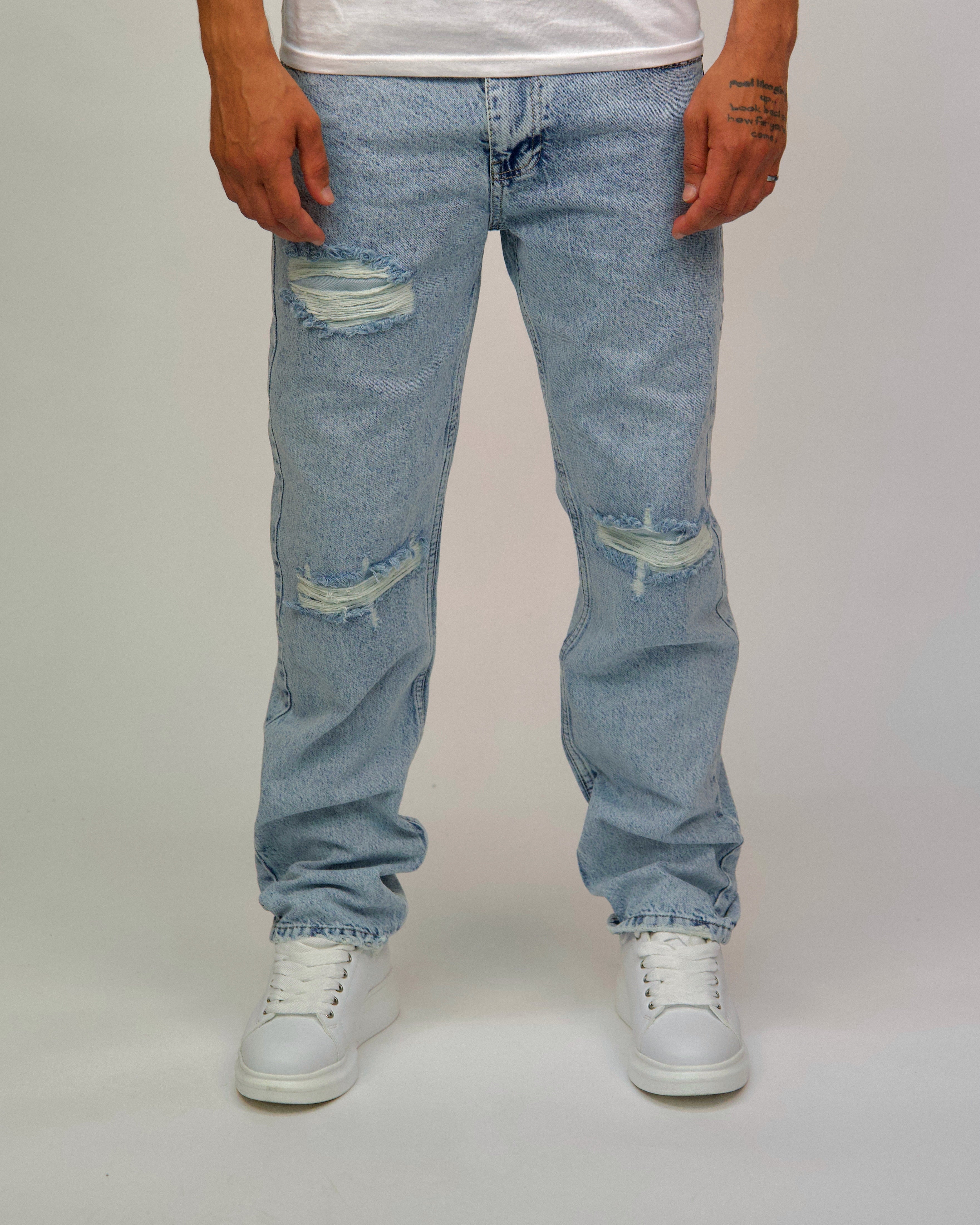 Light Wash Distressed Straight Jeans