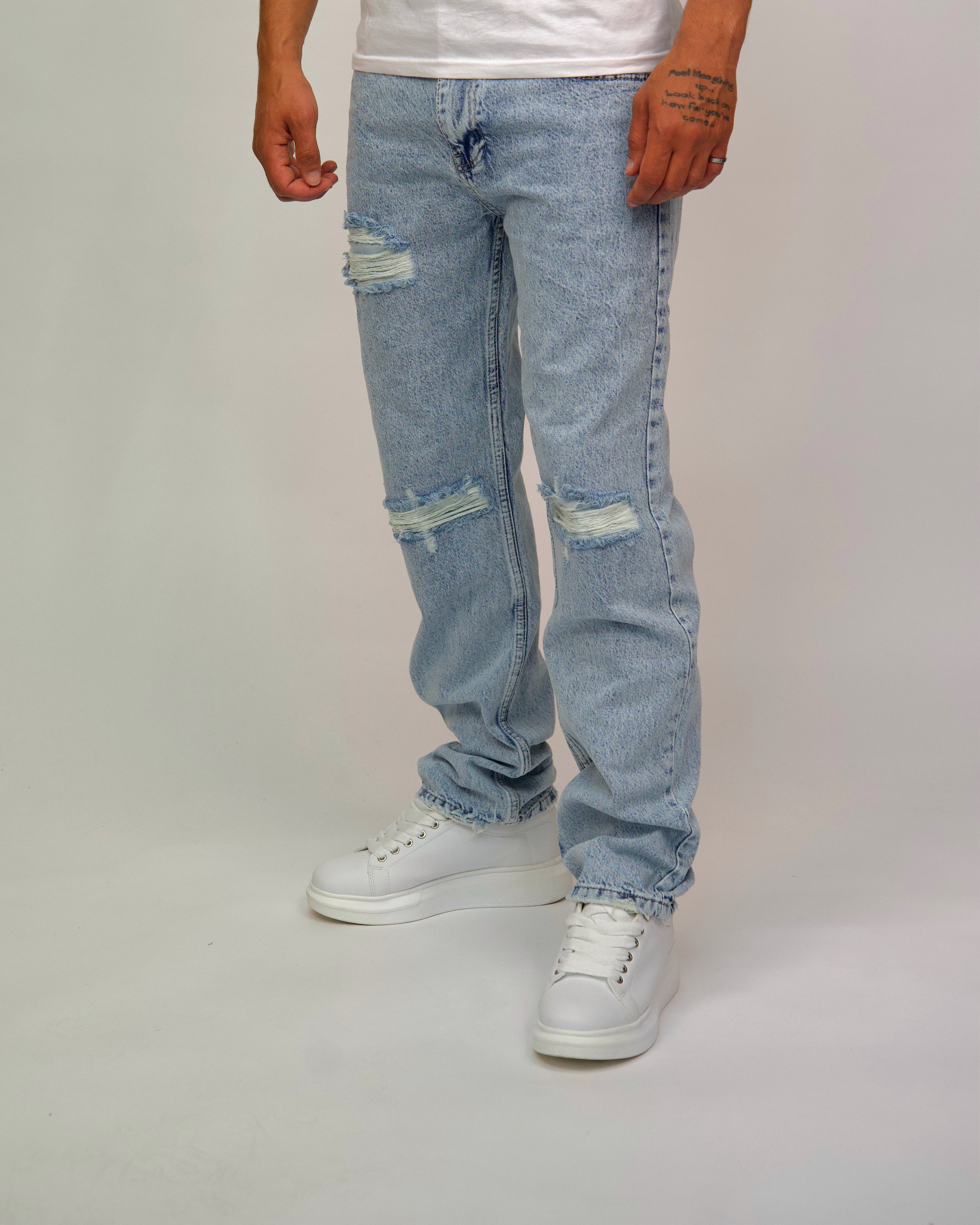 Light Wash Distressed Straight Jeans