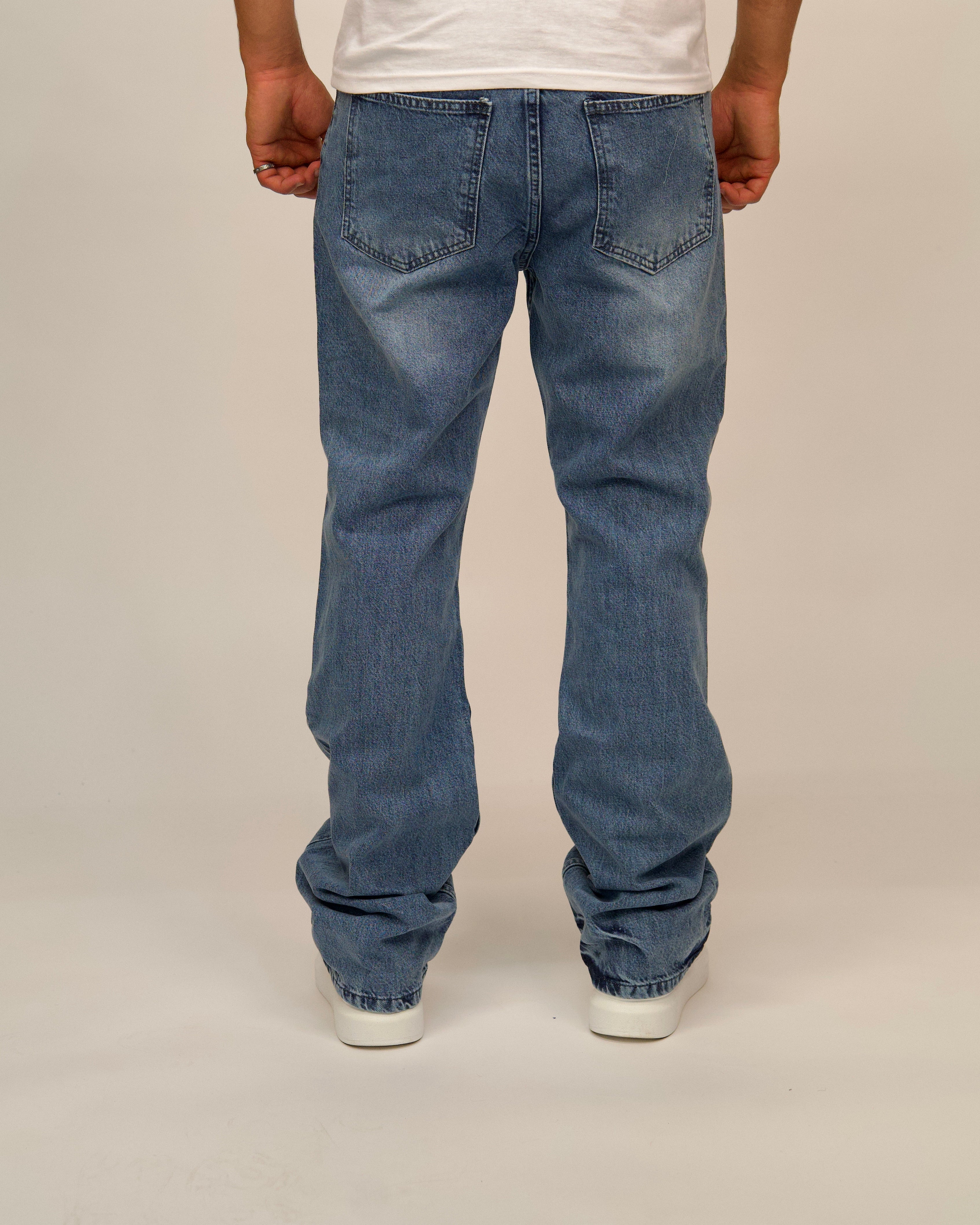 Mid-Wash Ripped Straight Jeans