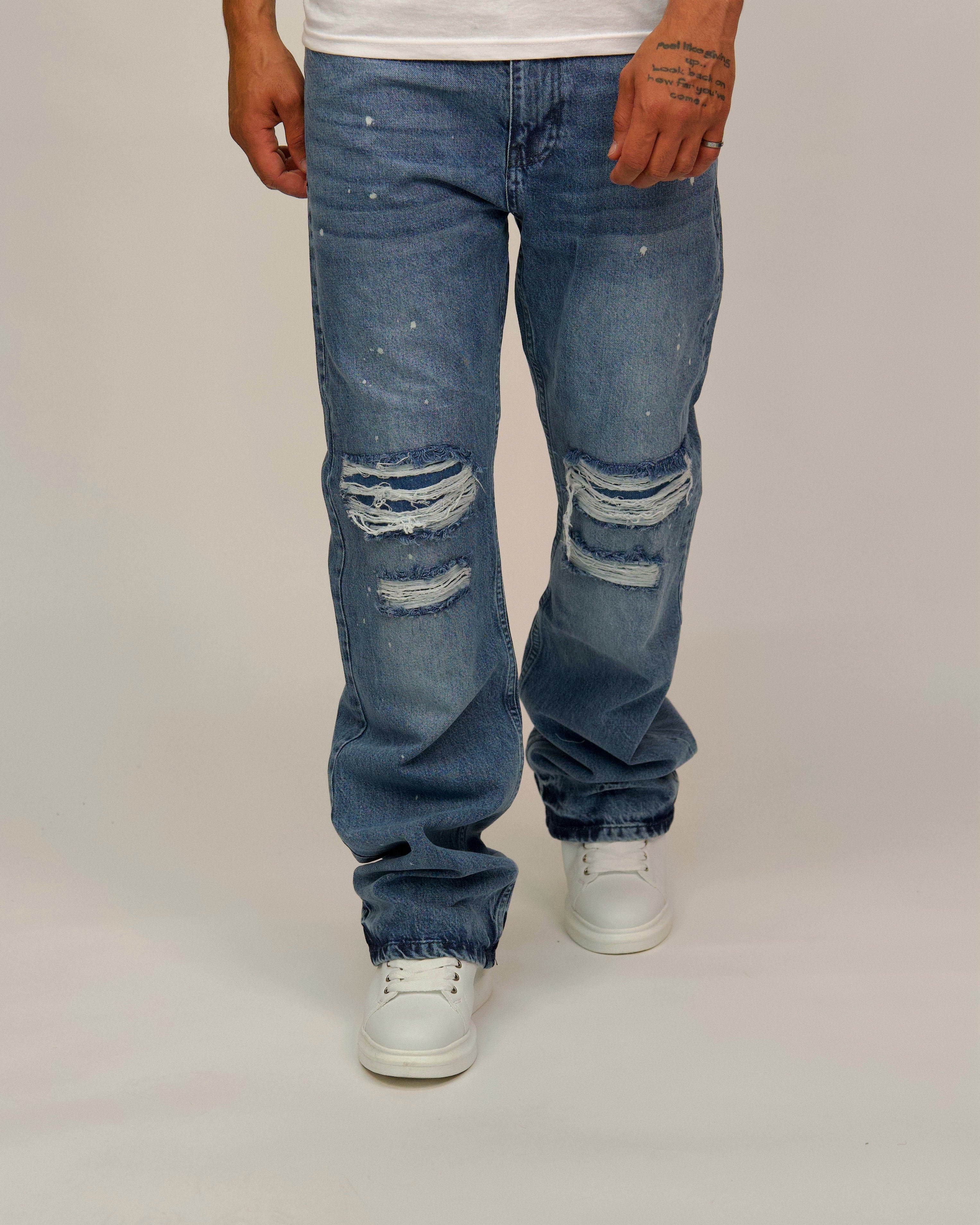 Mid-Wash Ripped Straight Jeans