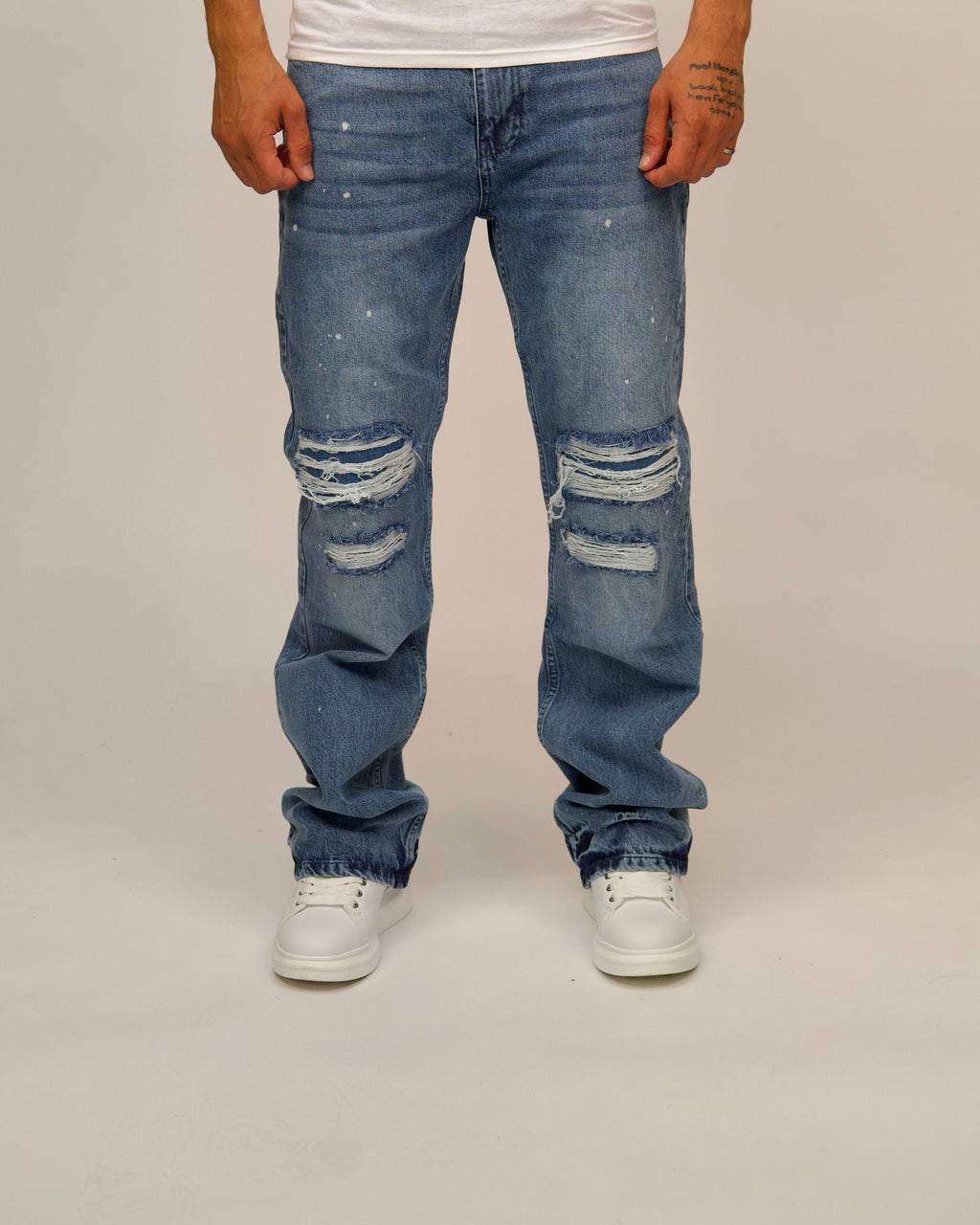 Mid-Wash Ripped Straight Jeans