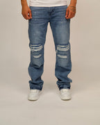 Mid-Wash Ripped Straight Jeans