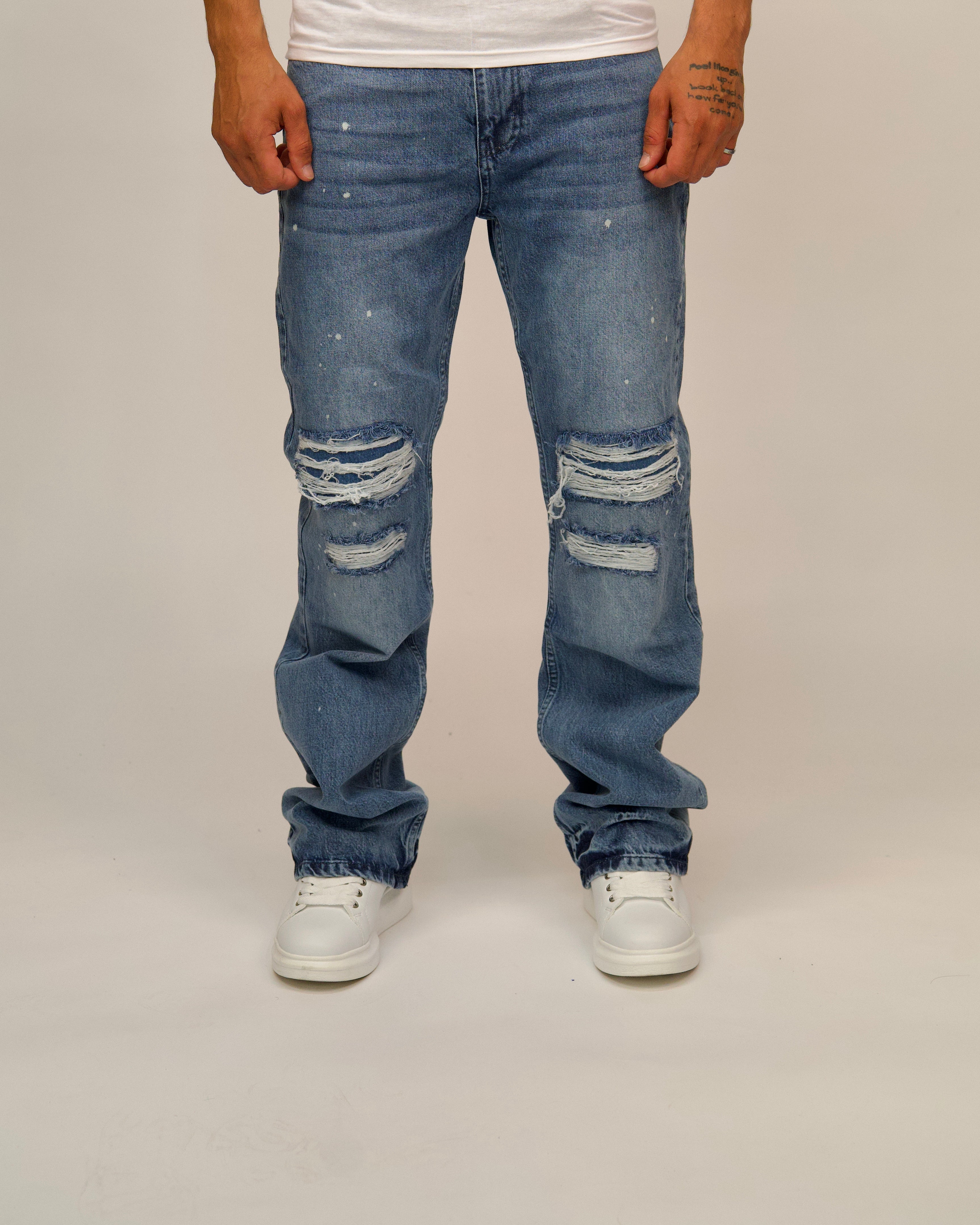 Mid-Wash Ripped Straight Jeans