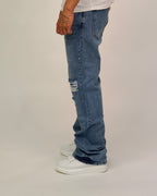 Mid-Wash Ripped Straight Jeans